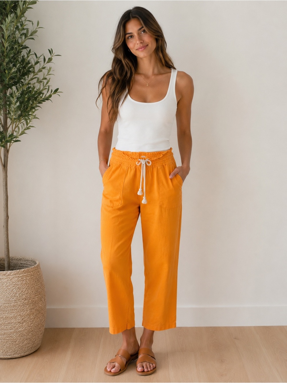 SUMMER SALE 
Women's Orange Drawstring Linen-Blend Pants